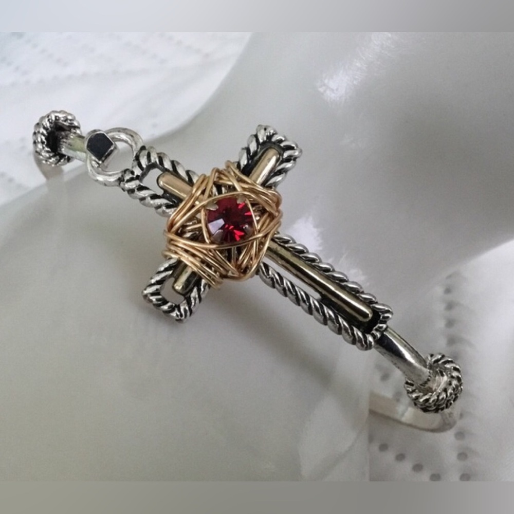 Silver Cross Bracelet with Gold Wire Accent and Red Stone